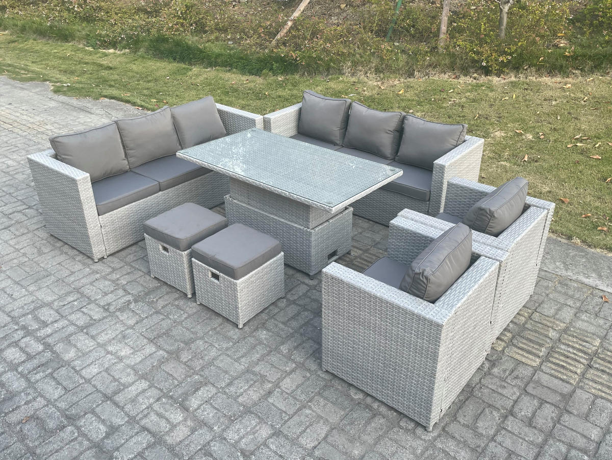 GARTENMÖBEL SET mit höhenverstellbarer Tisch Polyrattan Helles Grau 10-Sitzer - Hellgrau, Metall - Fimous