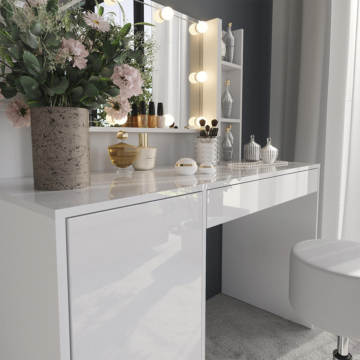 SCHMINKTISCH Sherry Weiß/Weiß Hochglanz 119.8 cm 5 Teile - Weiß Hochglanz, Holzwerkstoff (119.8/76/50.1cm) - Vicco