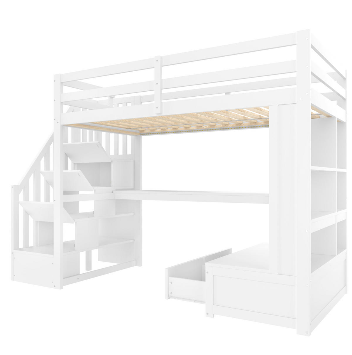 HOCHBETT aus Kiefer, MDF und Sperrholz 90x200 cm Weiß mit Schreibtisch, Stauraumtreppe und LED-Beleuchtung - Weiß, Holzwerkstoff (90/200cm) - Modfu