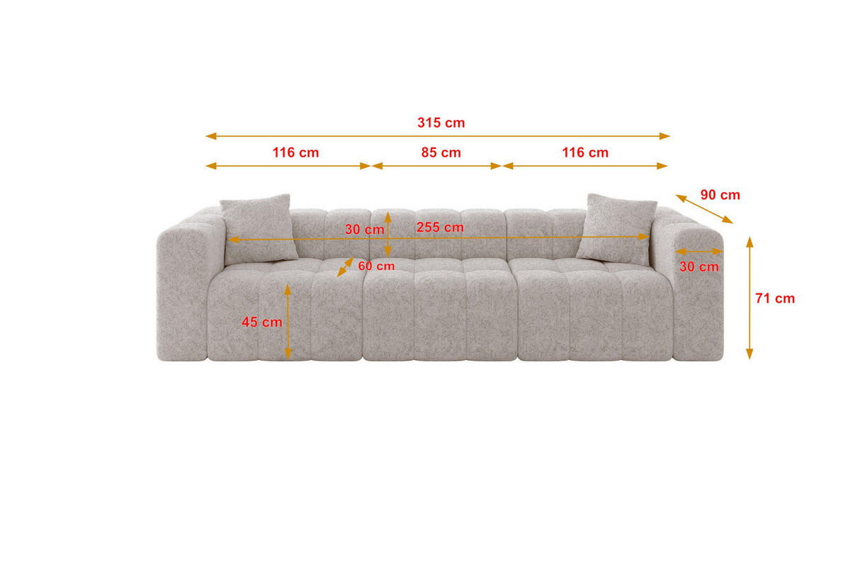 POHOVKA 3-MÍSTNÁ DONY-3 315x90x71 cm Světle šedá Žinylka - černá/světle šedá, kompozitní dřevo/textil (315/71/90cm) - ALTDECOR