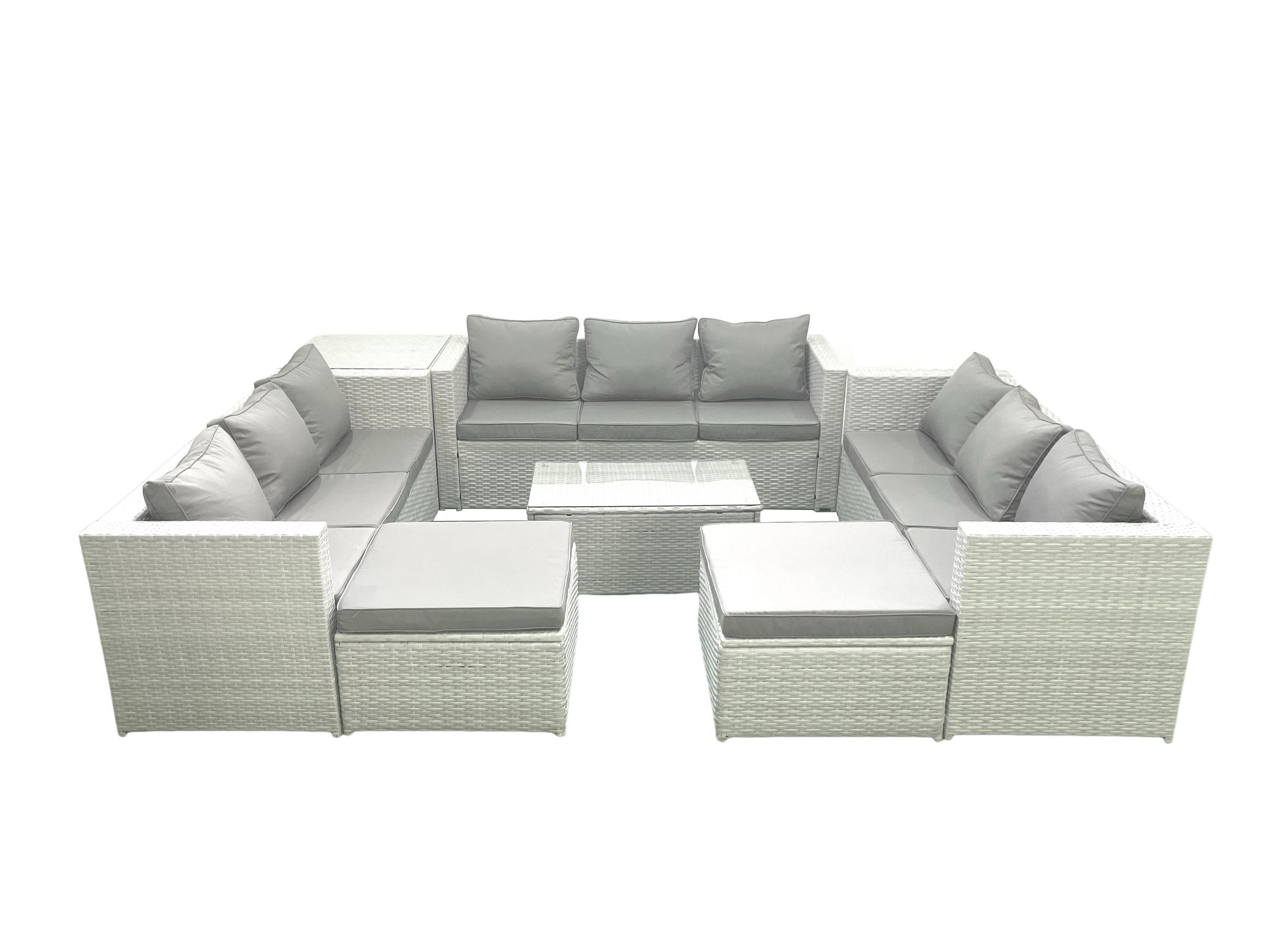 GARTENSET mit 3-SITZER SOFA,COUCHTISCH Polyrattan Hellgrau-Mix 11-Sitzer - Hellgrau/Grau, Glas/Kunststoff - Fimous