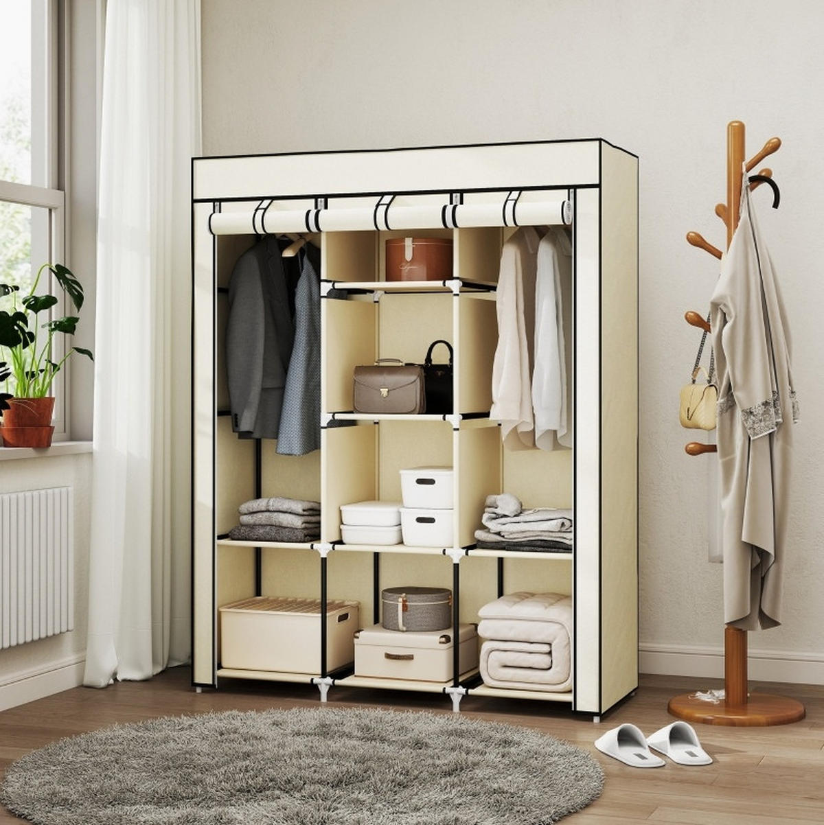 OMARA za oblačila 125/43/162,5 cm z 2 obešalnima palicama in 8 policami, kompaktna in z zadrgo, Kremno bela - krem, tekstil (125/162.5/43cm) - Redom