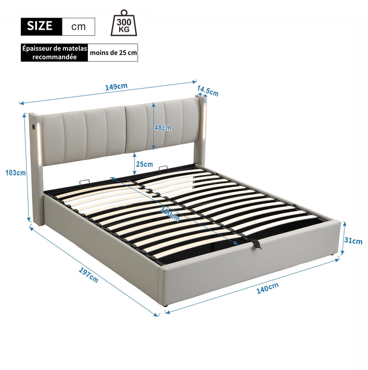 POLSTERBETT 140/190 cm Grau aus PU mit LED, USB und Stauraum - Grau, Kunststoff (140/190cm) - OKMYHOME