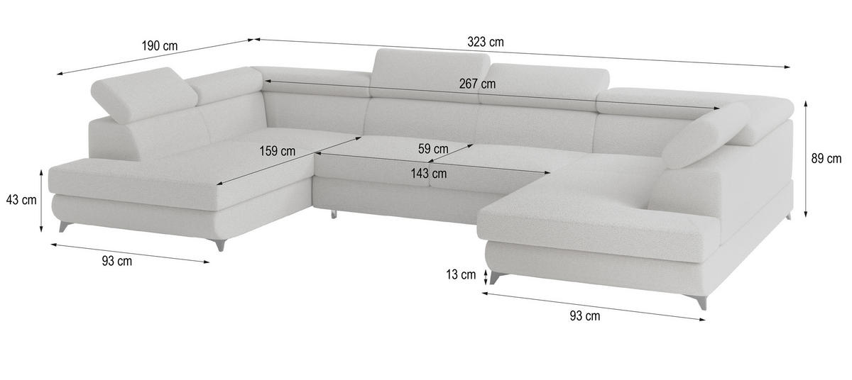 WOHNLANDSCHAFT VINTESSA Creme Boucle-Stoff mit Schlaffunktion - Creme, Holz (323/89/190cm) - MASSENO