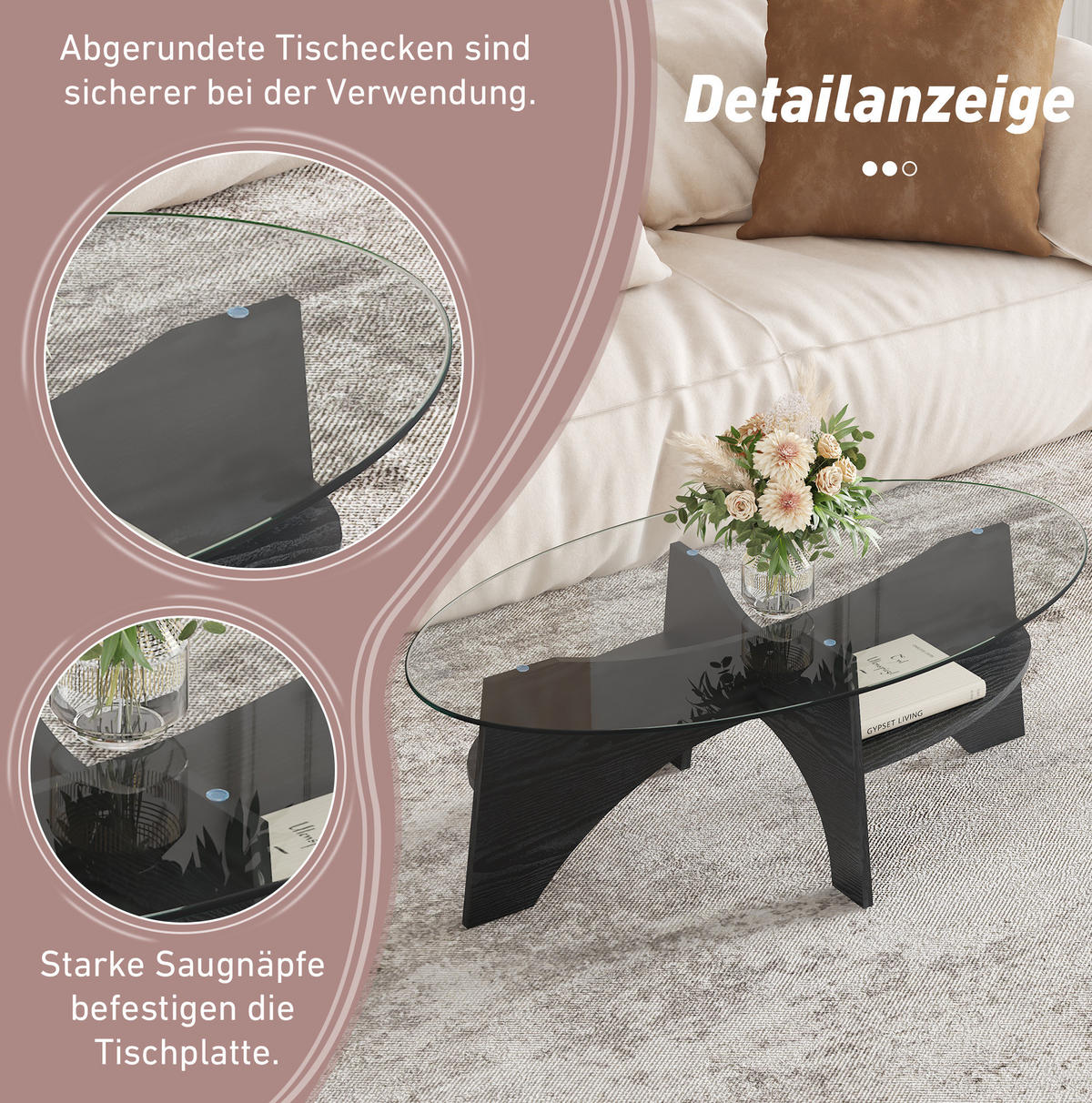 COUCHTISCH 104,9/60/35,6 cm mit Sicherheitsglasplatte und fächerförmigem MDF-Gestell, Schwarz/Transparent - Schwarz, Holzwerkstoff (104.9/60/35.6cm) - Redom