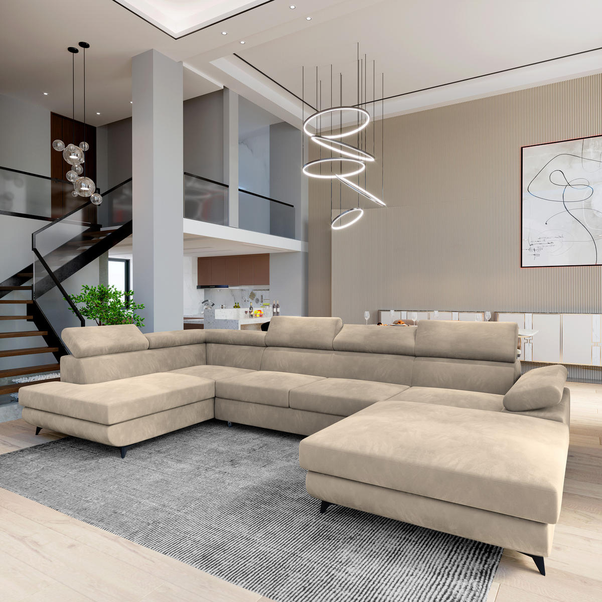 WOHNLANDSCHAFT RUBANO L-S Creme Velours-Stoff mit Schlaffunktion - Creme, Holz (339/89/190cm) - MASSENO