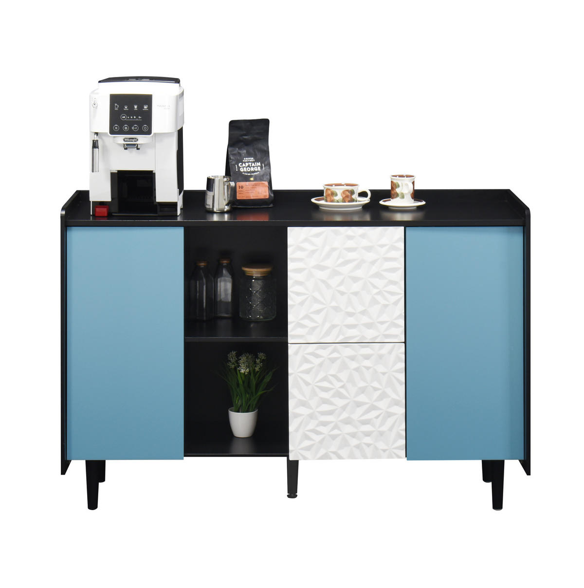 SIDEBOARD 120/40/80 cm mit 2 Schubladen & 2 offenen Fächern in Schwarz/Blau - Schwarz, Holzwerkstoff (120/80/40cm) - BEAOK