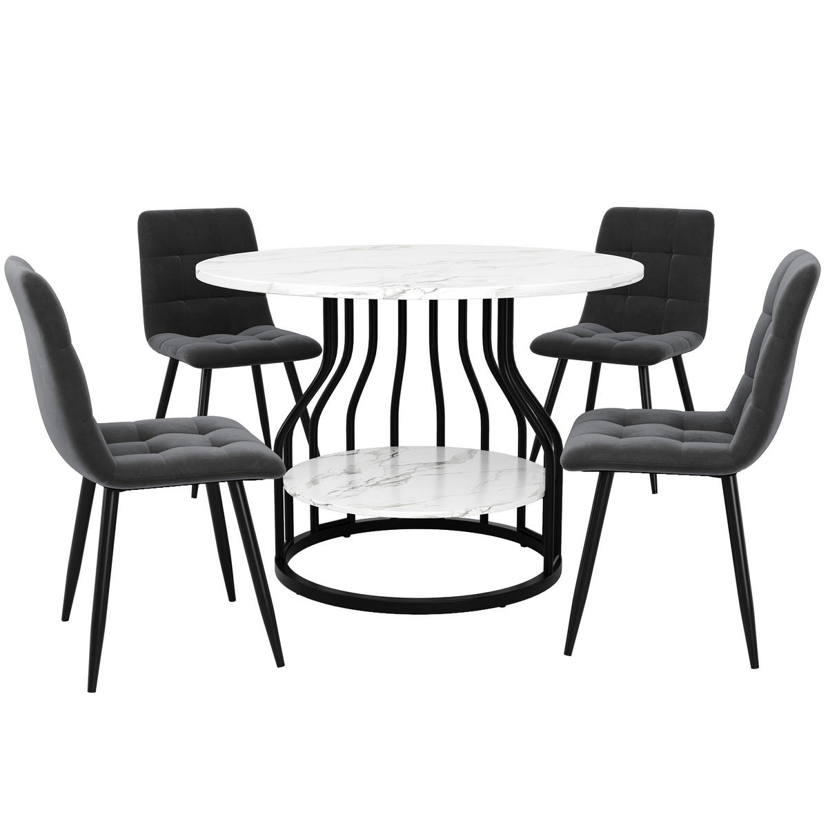 ESSTISCHSET 5-Teilig Rund 80 Cm, MDF Marmor, 4 Graue Samtstühle, Schwarz - Multicolor, Holzwerkstoff (80/76/80cm) - FLIEKS