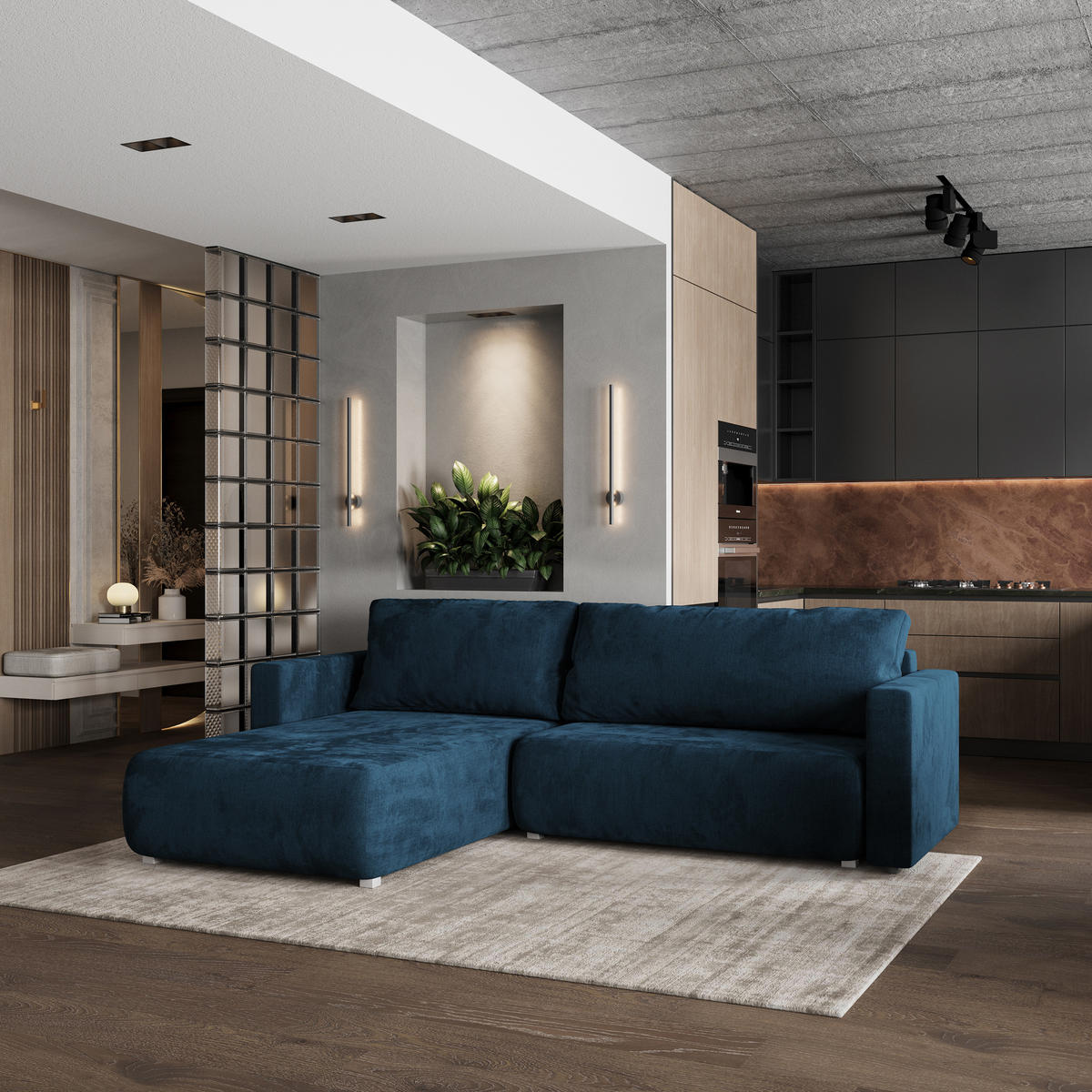 ROHOVÁ SEDAČKA TURIN modrá - šedá/modrá, dřevo/textil (265/183cm) - MASSENO