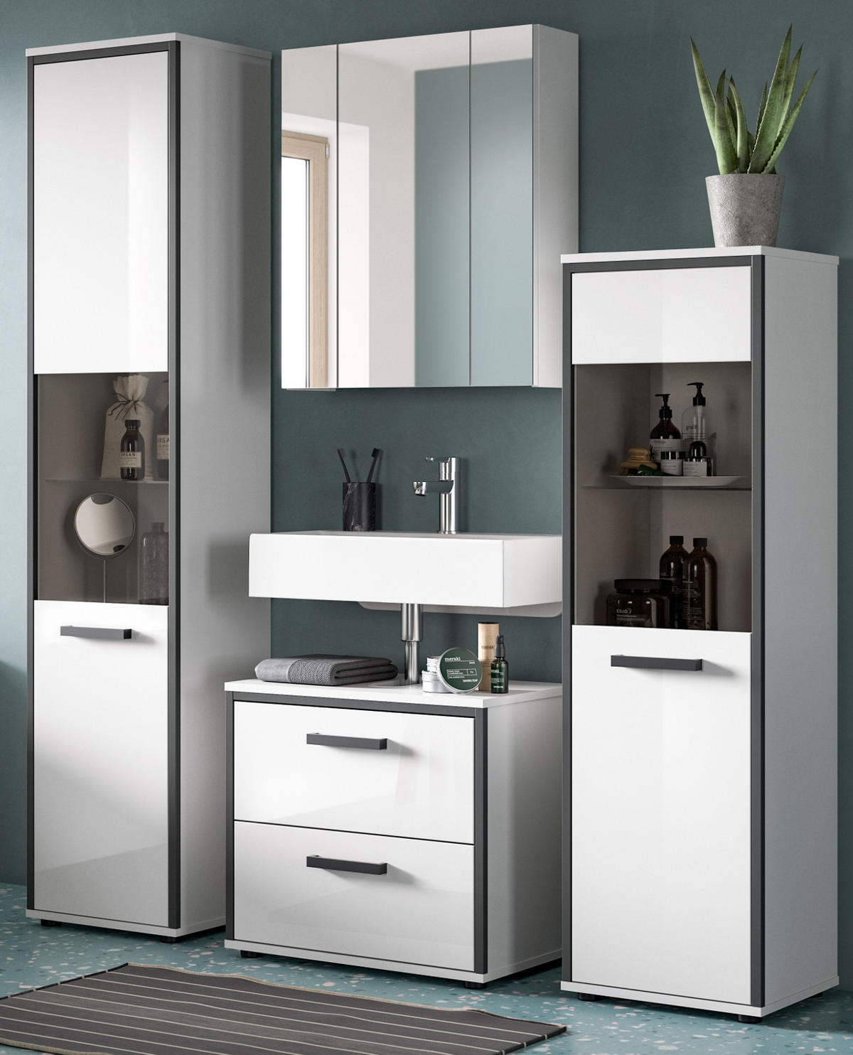 BADMÖBEL-SET weiß Hochglanz, grau 4-teilig 170 x 188 cm, Komplettset mit viel Stauraum - Weiß Hochglanz/Schwarz, Glas/Holzwerkstoff (170/188/37.5cm) - Inn.Furn