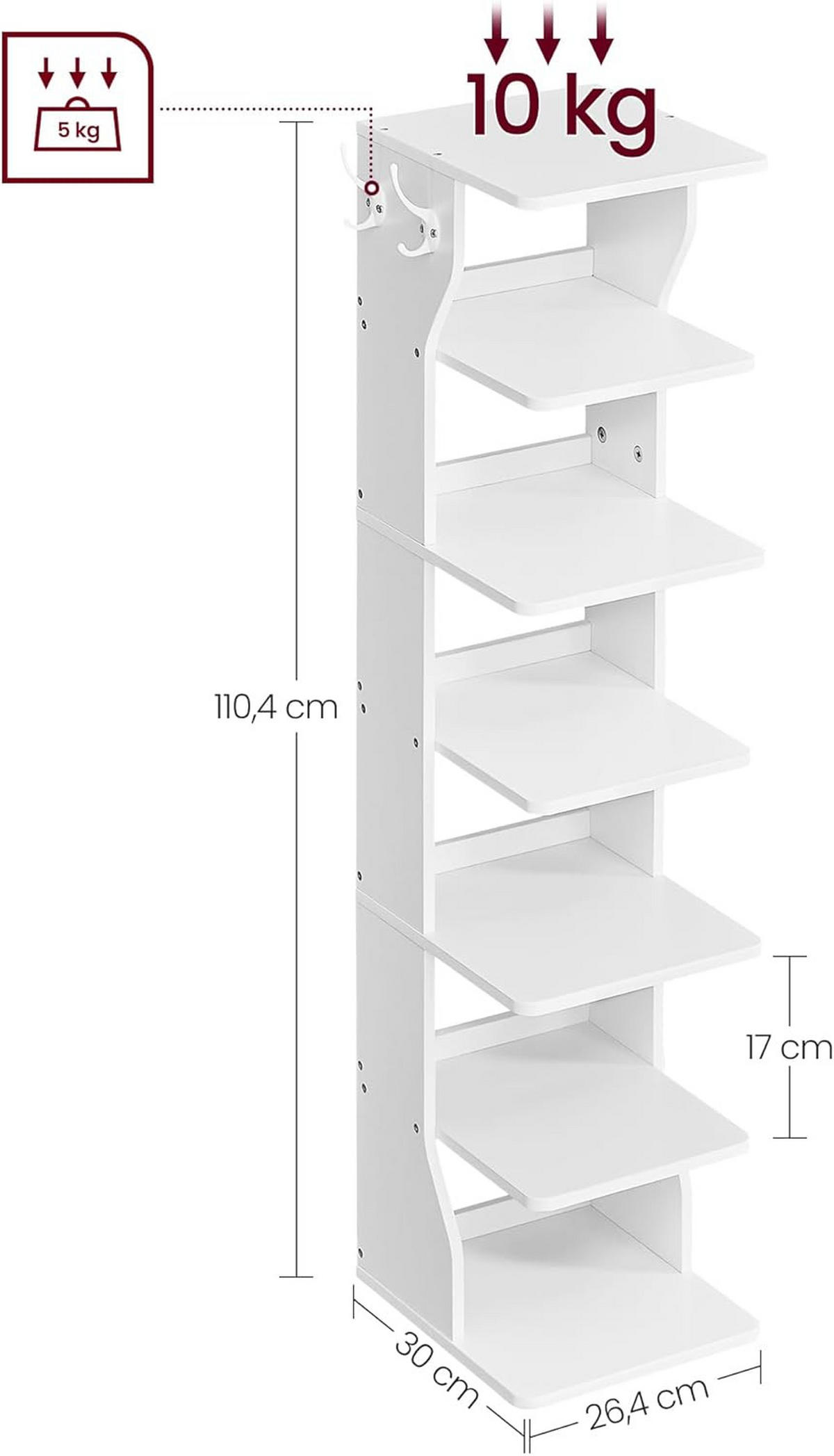 SCHUHSCHRANK Weiß 26,4x30 cm LBS200T14V1 6 Praktische Ablagen - Weiß, Holzwerkstoff (26.4/110.4/30cm)
