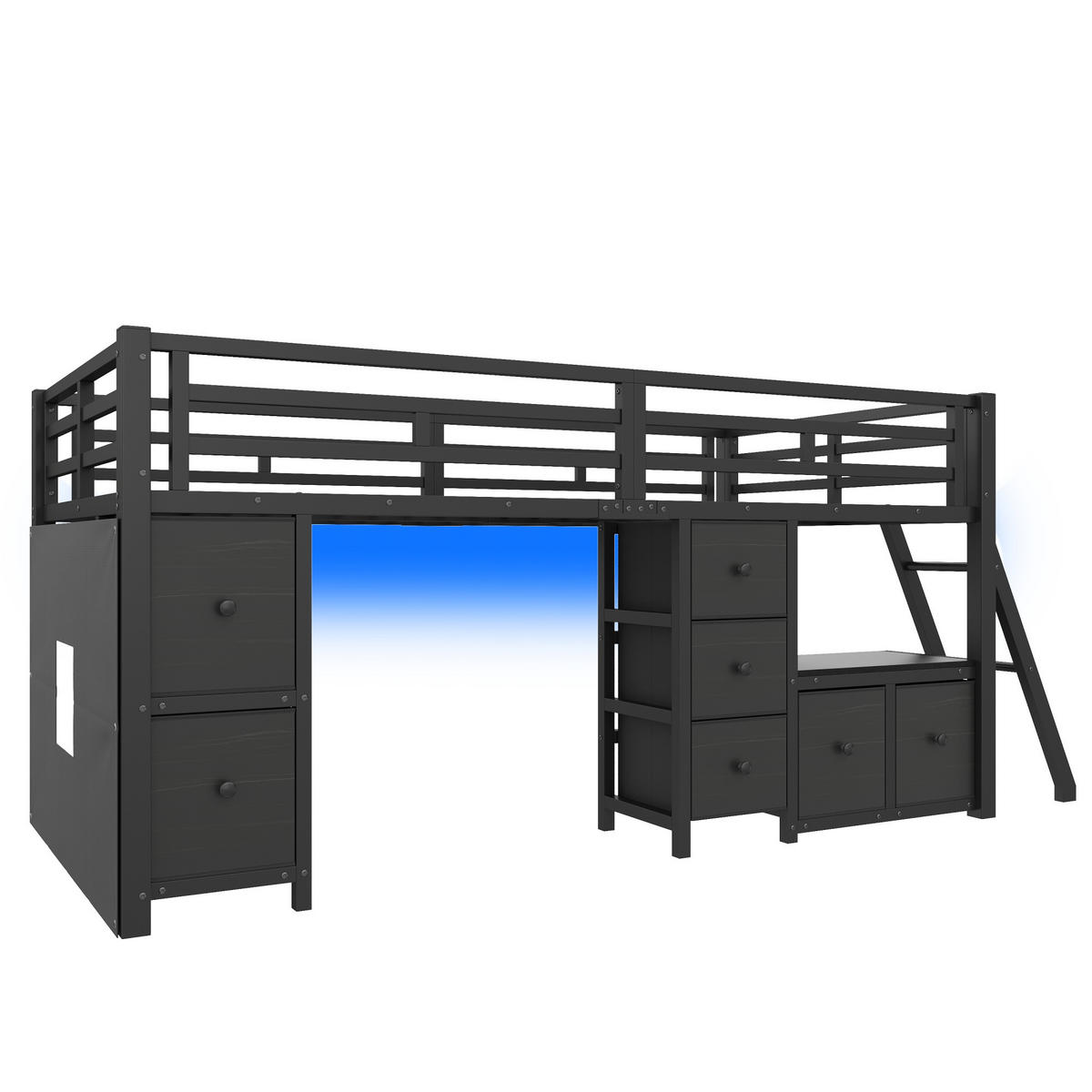 HOCHBETT 90/200 cm in Schwarz mit 7 Schubladen, offenem Regal, LED und Schutzgittern - Schwarz, Holzwerkstoff/Metall (90/200cm) - STILVORA
