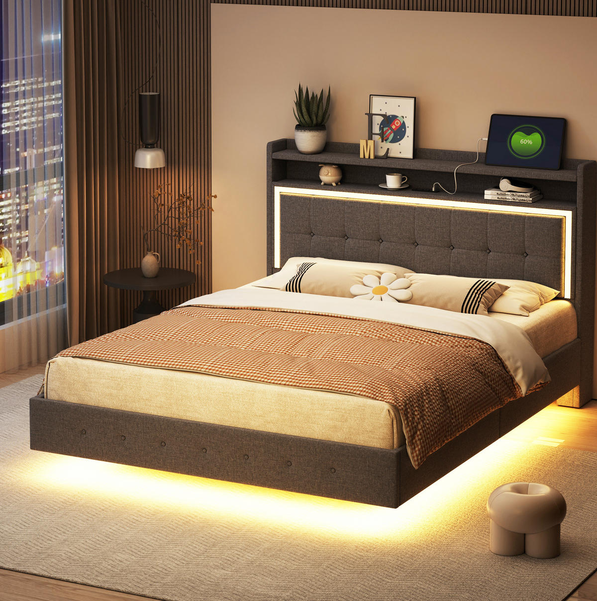 POLSTERBETT 140/200 cm Grau mit USB-Steckdose und LED-Beleuchtung - Grau, Textil (140/200cm) - OKWISH