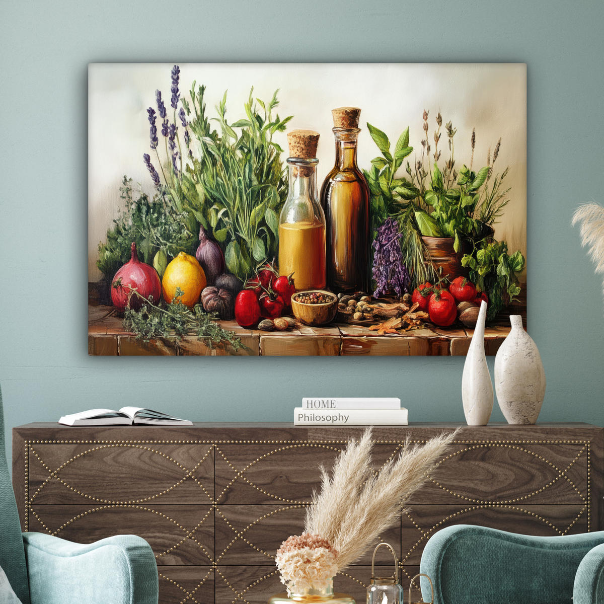 LEINWANDBILD Stilleben - Kräuter - Gewürze - Früchte - Farbenfroh XXL 150x100 cm - Grün, Textil (150/100cm) - MuchoWow