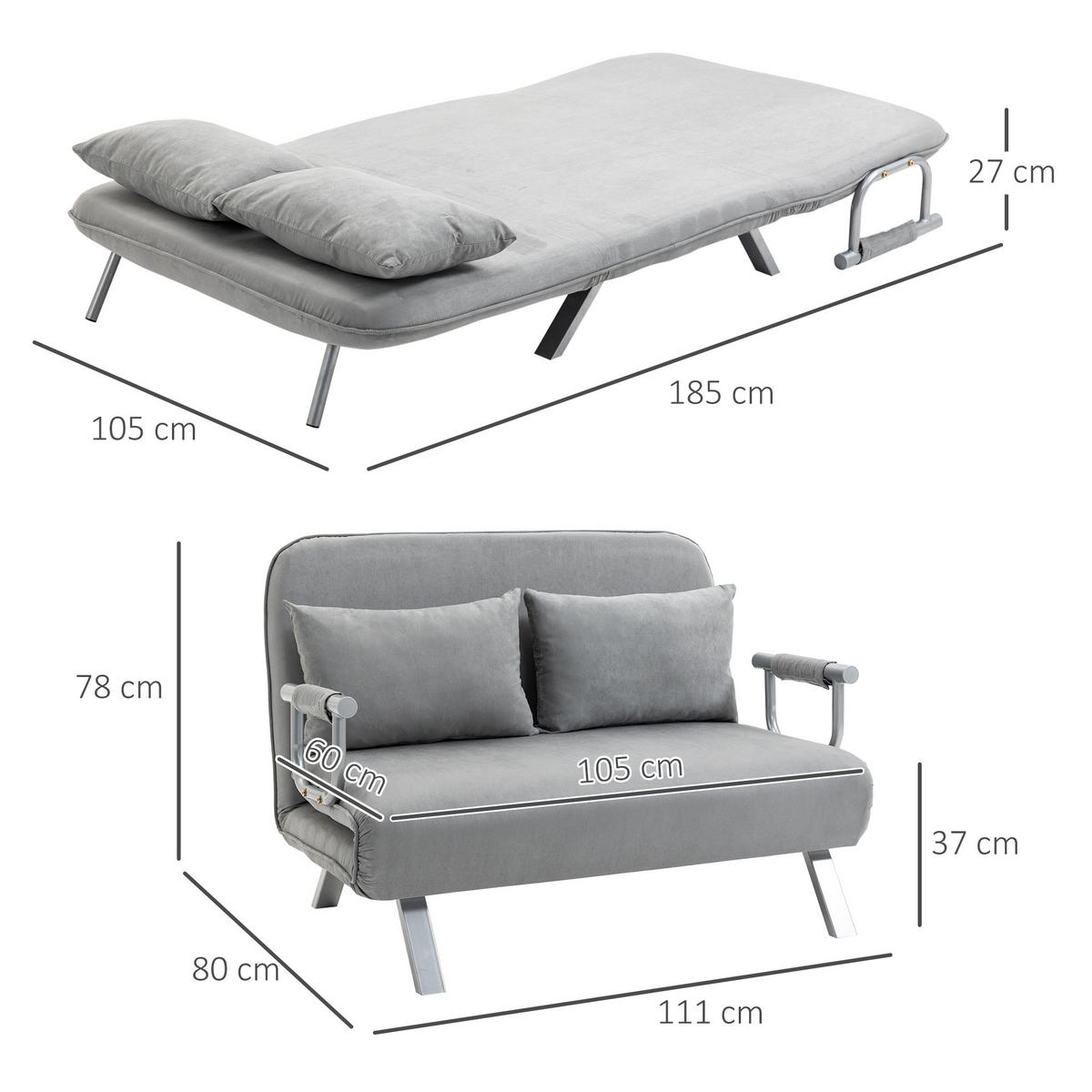 SCHLAFSOFA Zweisitzer Polyester mit verstellbarer Rückenlehne 111/80/78 cm Hellgrau - Hellgrau, Metall (80/78/111cm) - Redom