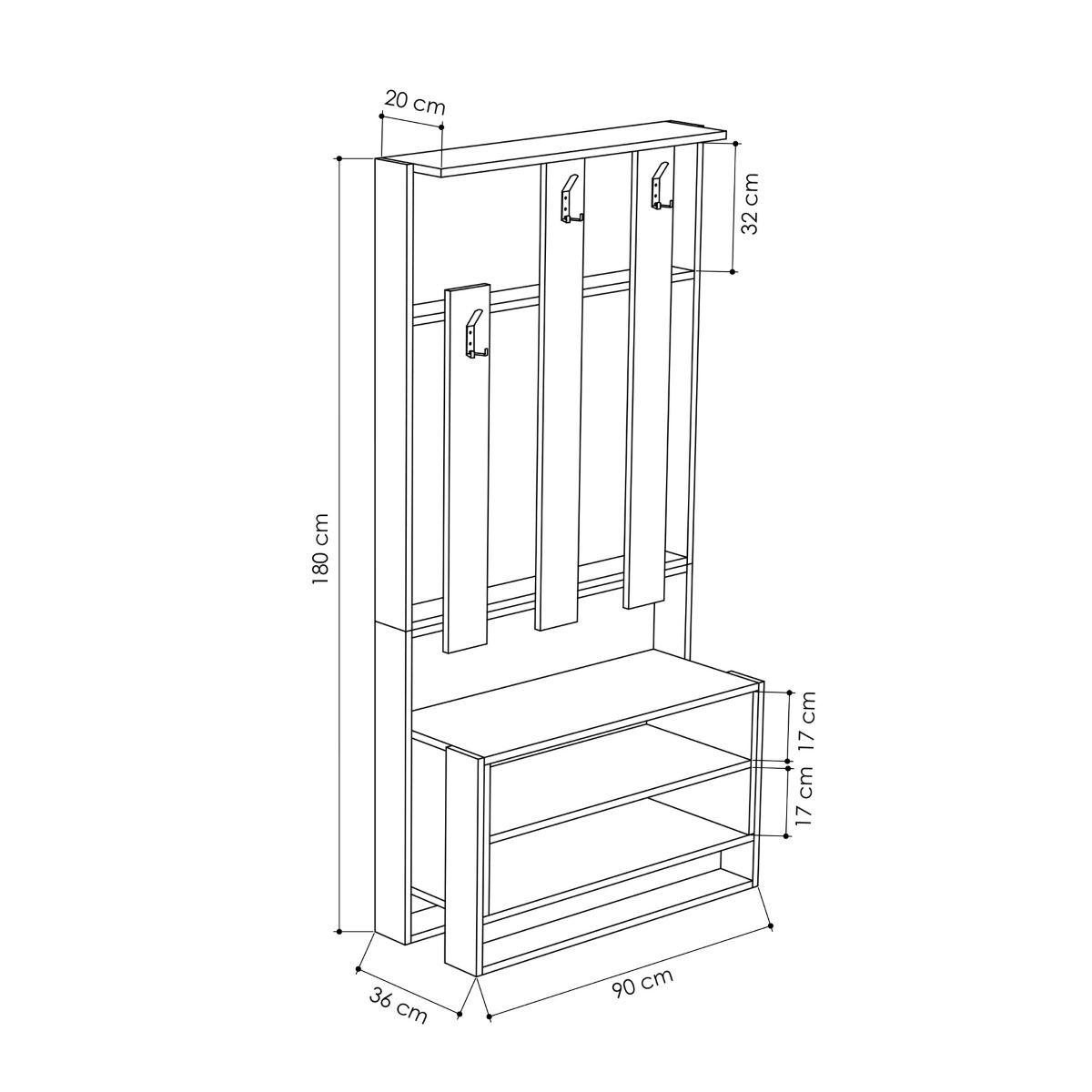 EINGANGSMÖBEL mit 3 Regalen und 3 Haken für Kleiderbügel H180 cm - Chester - Eichefarben, Holzwerkstoff (36/180/90cm) - Calicosy