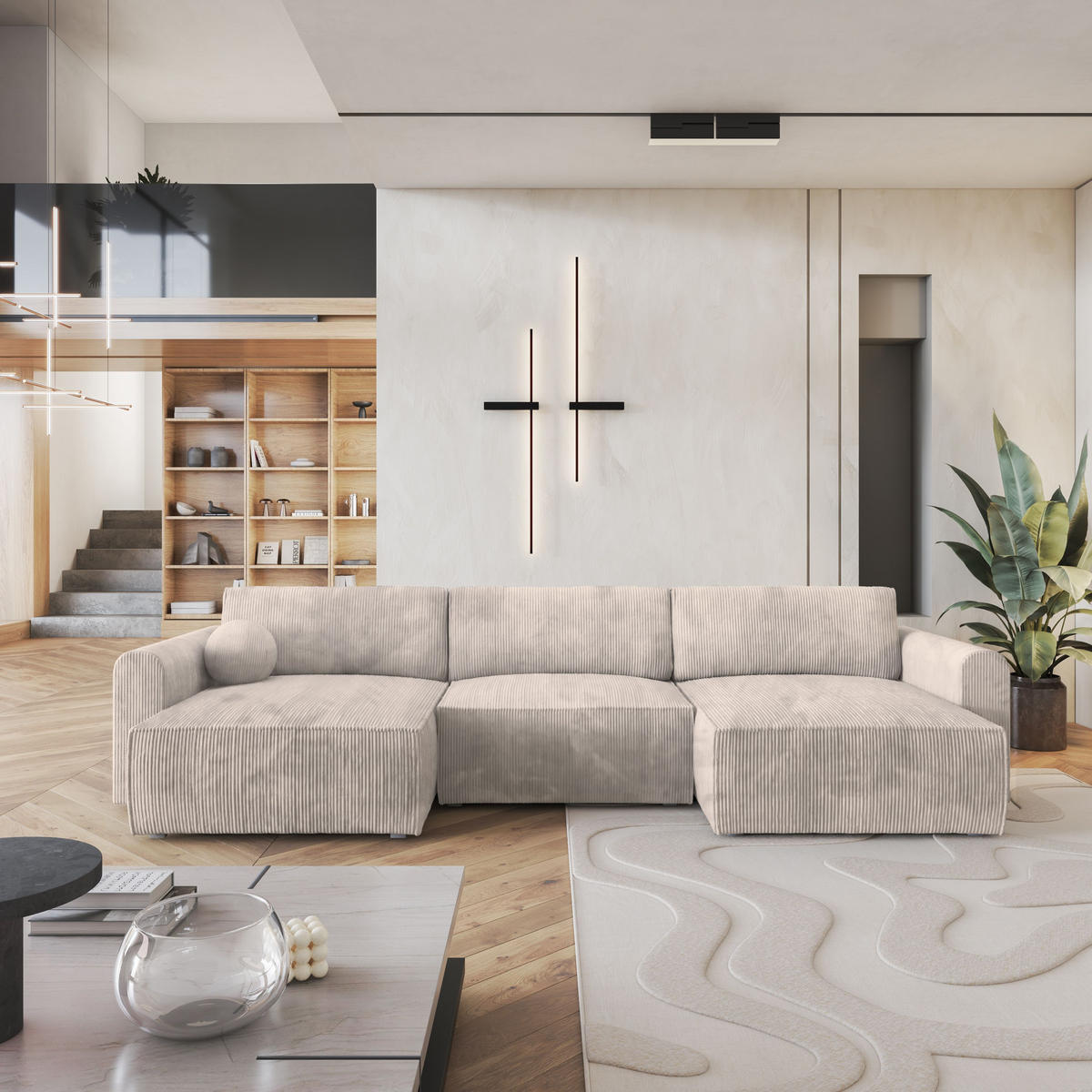 ROHOVÁ SEDAČKA FENTO krémová - šedá/krémová, dřevo/textil (347/148cm) - MASSENO