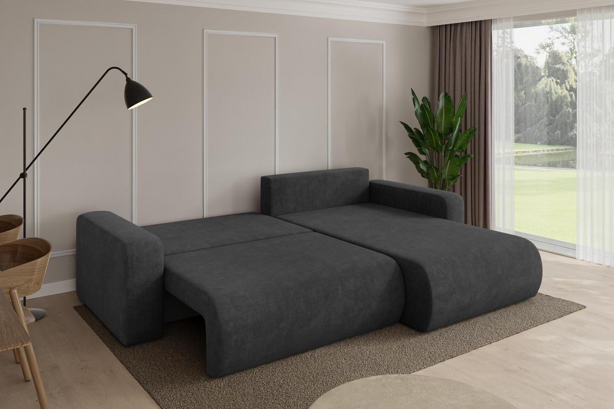 ROHOVÁ SEDAČKA s funkcí spaní, otoman vpravo BERY-L 276x193x88 tmavě šedá velur - černá/antracitová, kompozitní dřevo/textil (276/193cm) - ALTDECOR