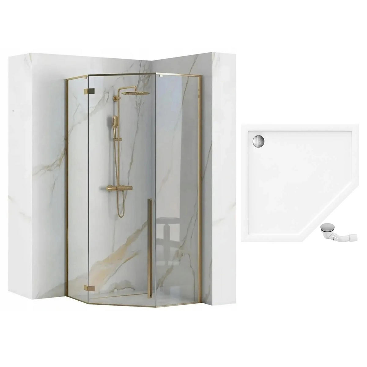 DUSCHKABINE Rea Diamond Gold 90x90 mit Duschwanne Diamond Schwarz - Goldfarben, Glas (90/90/195cm) - REA
