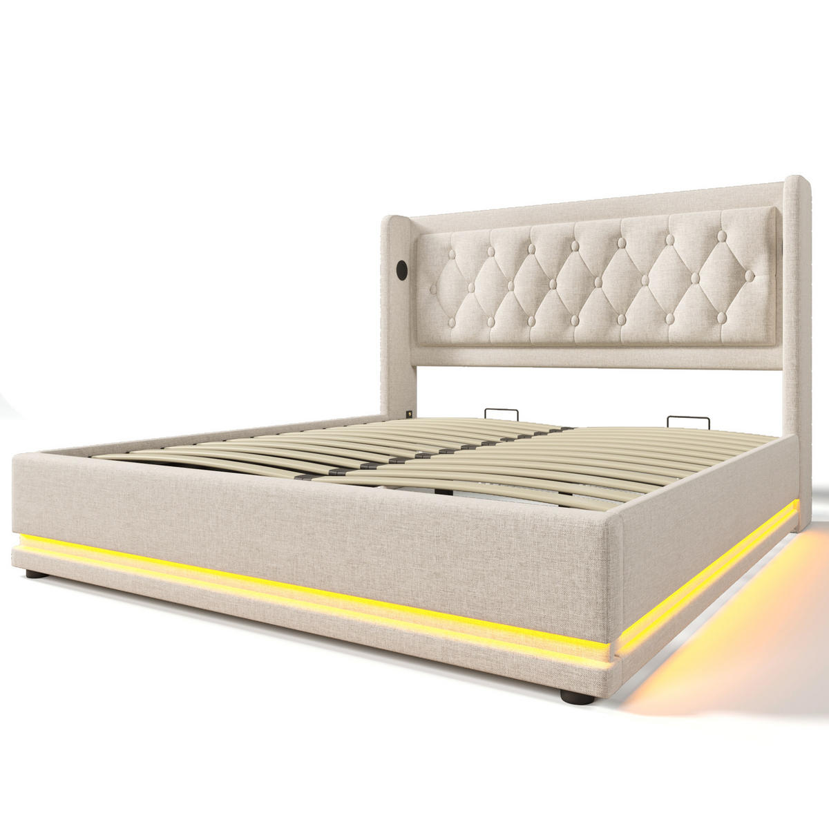 POLSTERBETT 160/200 cm mit Bettkasten, LED und USB-C in Beige - Beige, Textil (160/200cm) - BEAOK