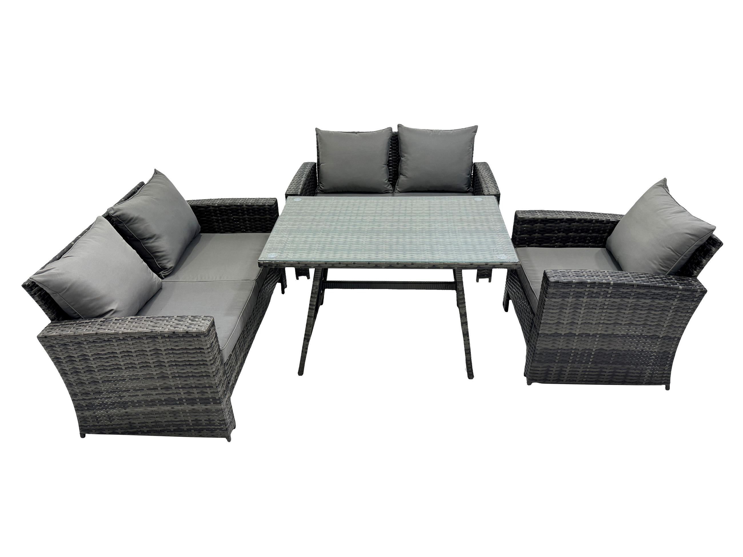 GARTENMÖBELSET mit ESSTISCH,HOCHLEHNER-SOFA Polyrattan Dunkelgrauer Mix 5-Sitzer - Dunkelgrau/Grau, Glas/Kunststoff - Fimous
