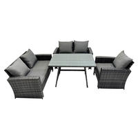 GARTENMÖBELSET mit ESSTISCH,HOCHLEHNER-SOFA Polyrattan Dunkelgrauer Mix 5-Sitzer - Dunkelgrau/Grau, Glas/Kunststoff - Fimous
