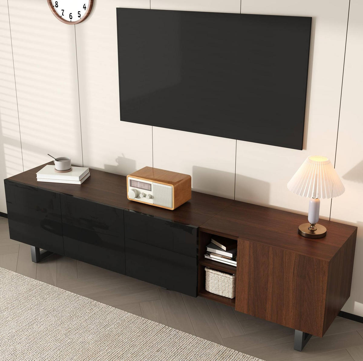 TV-LOWBOARD 180/38/50 cm in Schwarz/Natur mit Hochglanzfronten und 4 Türen - Hellbraun, Holzwerkstoff (180/50/38cm) - Flora Grace