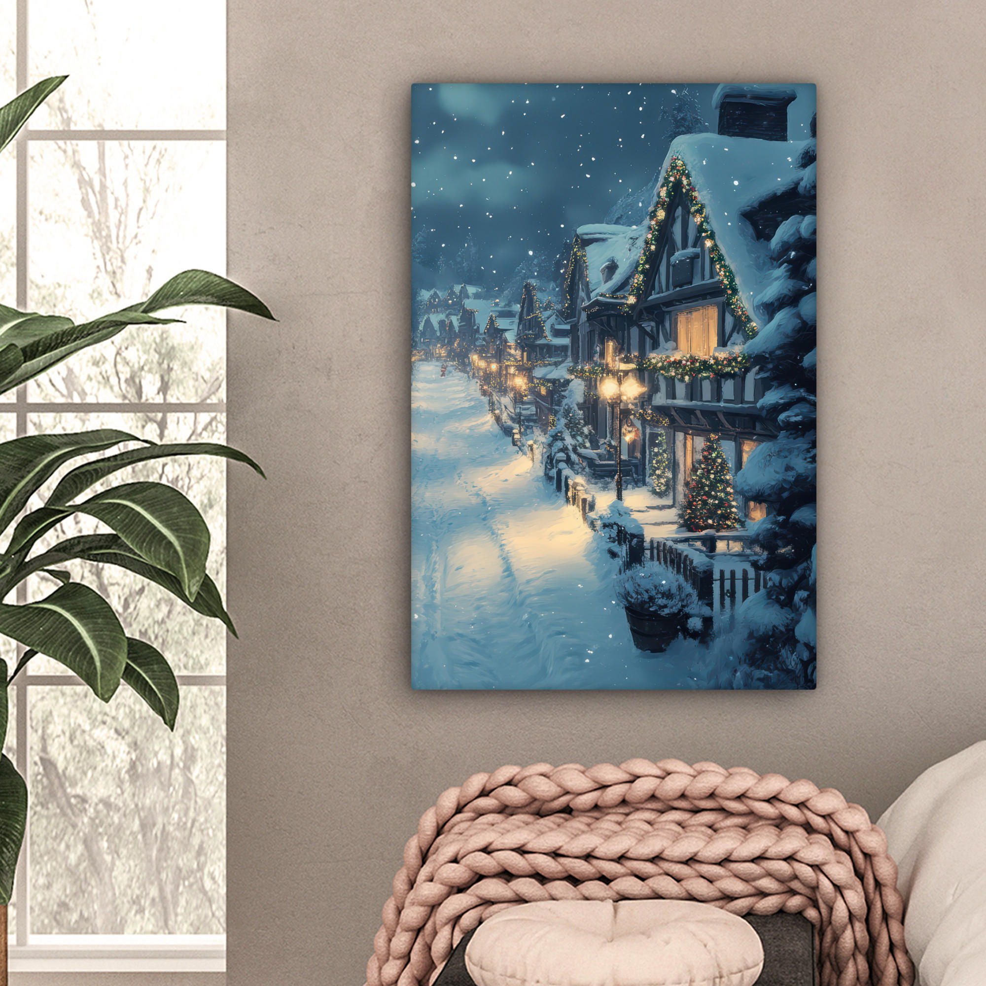 LEINWANDBILD Weihnachtsdorf - Weihnachten - Schnee - Winter 40x60 cm - Dunkelblau, Textil (40/60cm) - MuchoWow