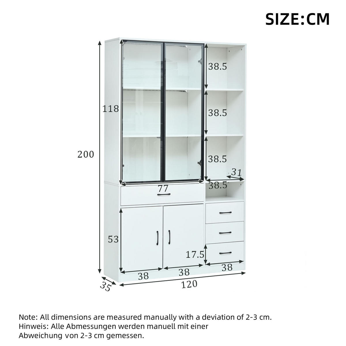 VITRINE in Weiß Hochschrank mit Glasvitrine, Schubladen und LED, 120/35/200cm, für Esszimmer und Wohnzimmer - Transparent/Weiß, Glas/Holzwerkstoff (120/200/35cm) - STILVORA