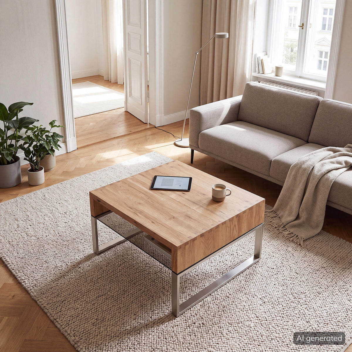 COUCHTISCH - Eiche massiv / Glas - Eiche / Silber - Braun, Holz/Metall (70/70/39cm) - home24