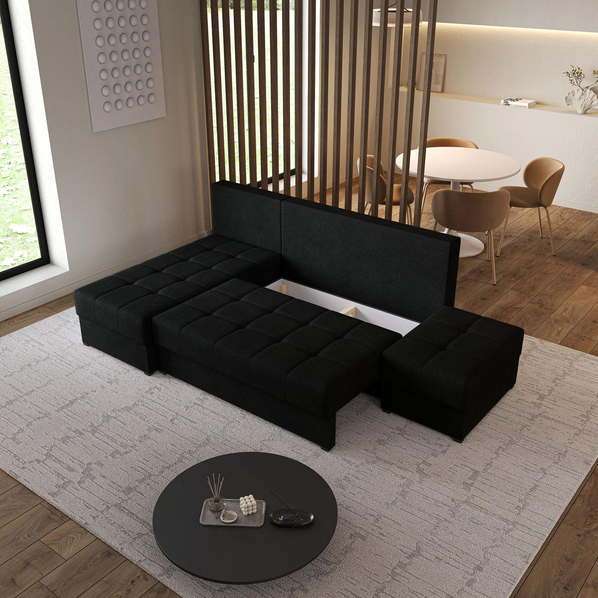 ECKSOFA NORVI Schwarz Geflochtener Stoff mit Schlaffunktion - Schwarz, Holz (251/143cm) - MASSENO