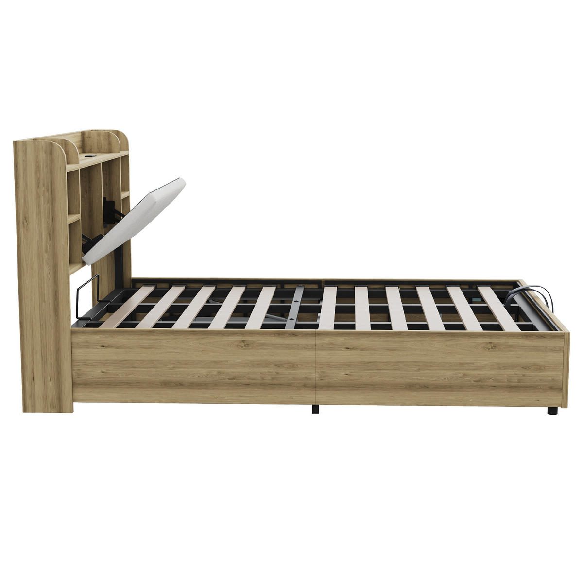 POLSTERBETT 180/200 cm Holzfarbe mit Stauraum, Ausgestattet mit USB und Tape-C-Steckdose - Naturfarben, Holz (180/200cm) - Oxeza