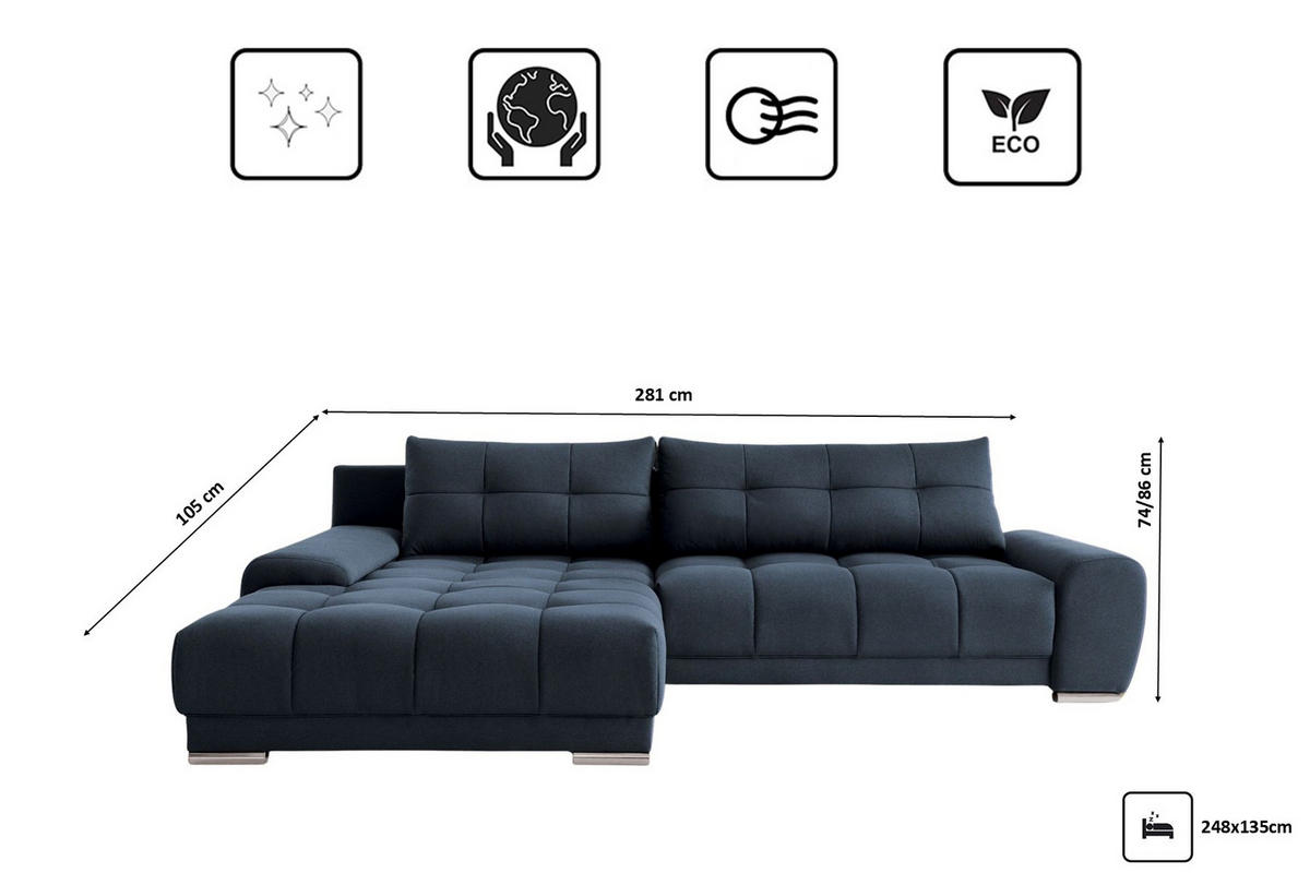 ECKSOFA WAVE Mit Schlaffunktion, Stoff SORO, Dunkelblau Links - Dunkelblau, Holz (105/281cm) - Kaiser Möbel