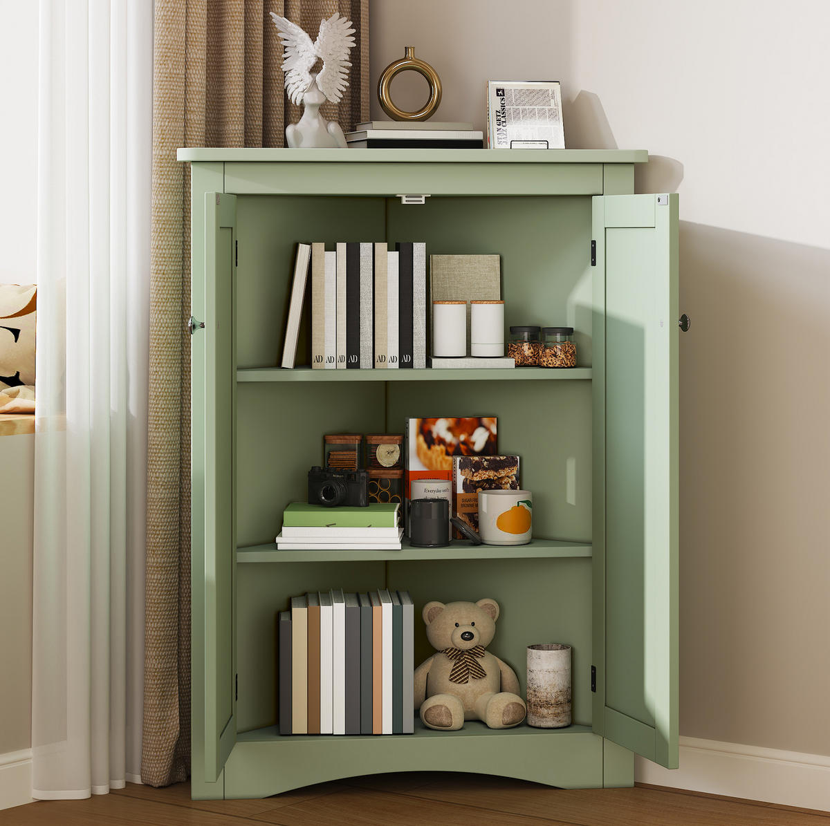 MIDISCHRANK 61,5/61,5/80 cm aus MDF mit 2 Türen und 3 Ebenen Grün - Grün, Holzwerkstoff (34.5/90/61.5cm) - Modenvie