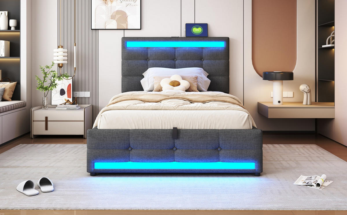 POLSTERBETT 90/200 cm Grau aus Stoff mit LED und USB - Grau, Textil (90/200cm) - OKMYHOME
