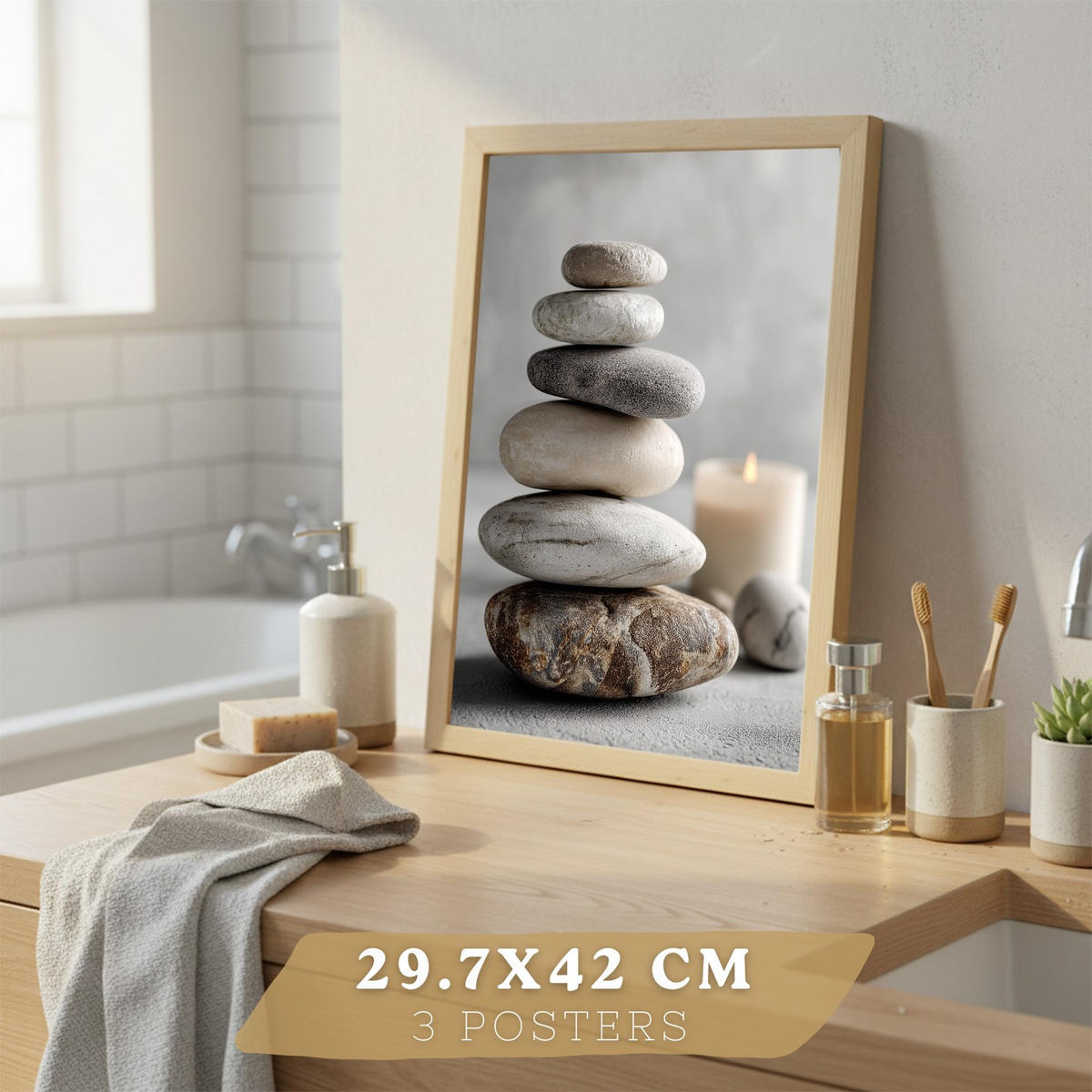 PLAKÁT Sada 3 do koupelny Světlý dřevěný rám A3 - béžová, papír (42/29.7/3cm) - Nacnic