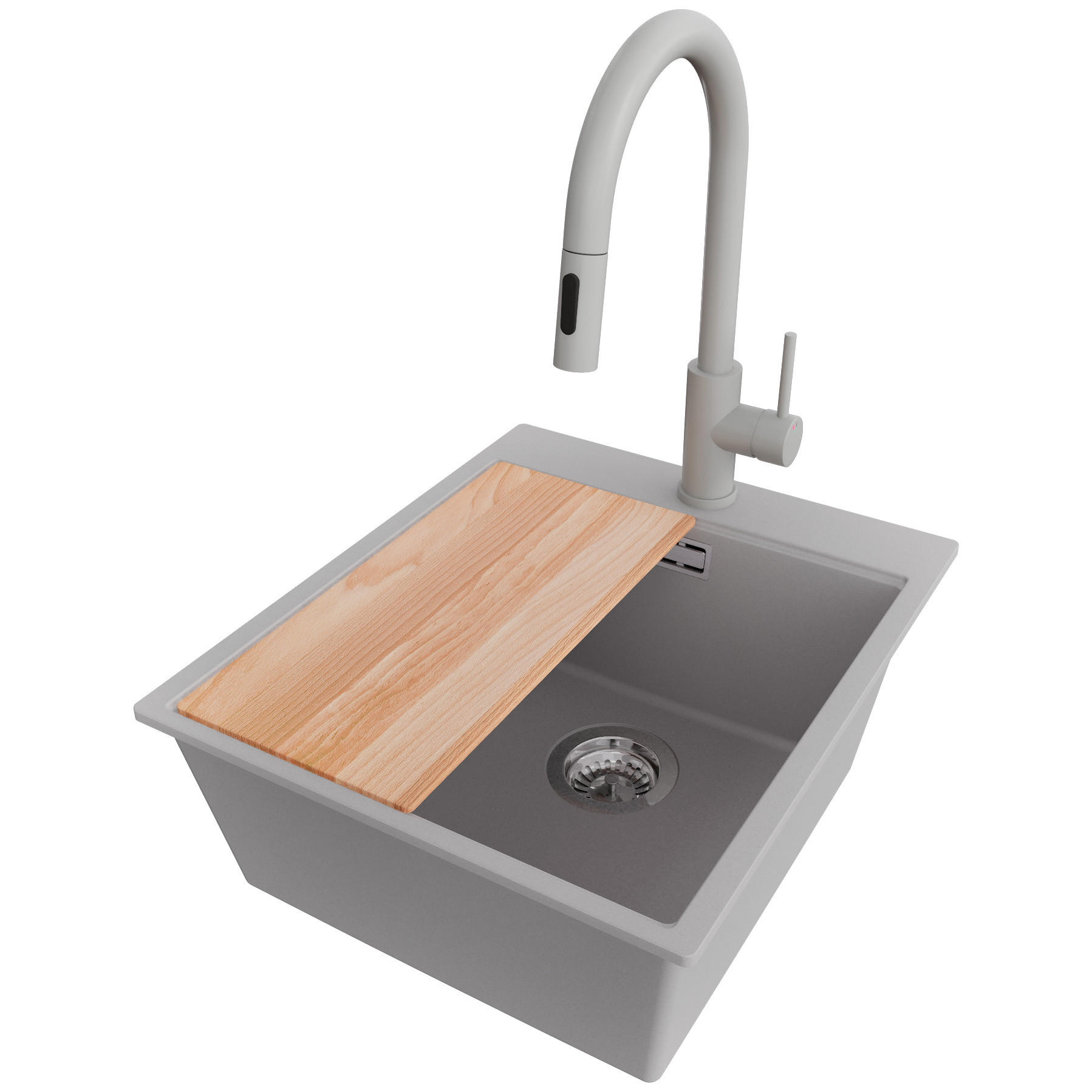 GRANITSPÜLE Oslo, 2-er set Grau 43/50 cm 1 Becken + Küchenarmatur 40/20 cm + Ablauf-Set + Schneidebrett ab 45er Unterschrank - Chromfarben/Beige, Kunststoff (43/20/50cm) - Primagran