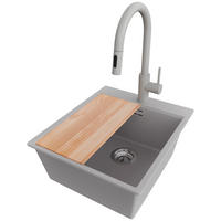 GRANITSPÜLE Oslo, 2-er set Grau 43/50 cm 1 Becken + Küchenarmatur 40/20 cm + Ablauf-Set + Schneidebrett ab 45er Unterschrank - Chromfarben/Beige, Kunststoff (43/20/50cm) - Primagran