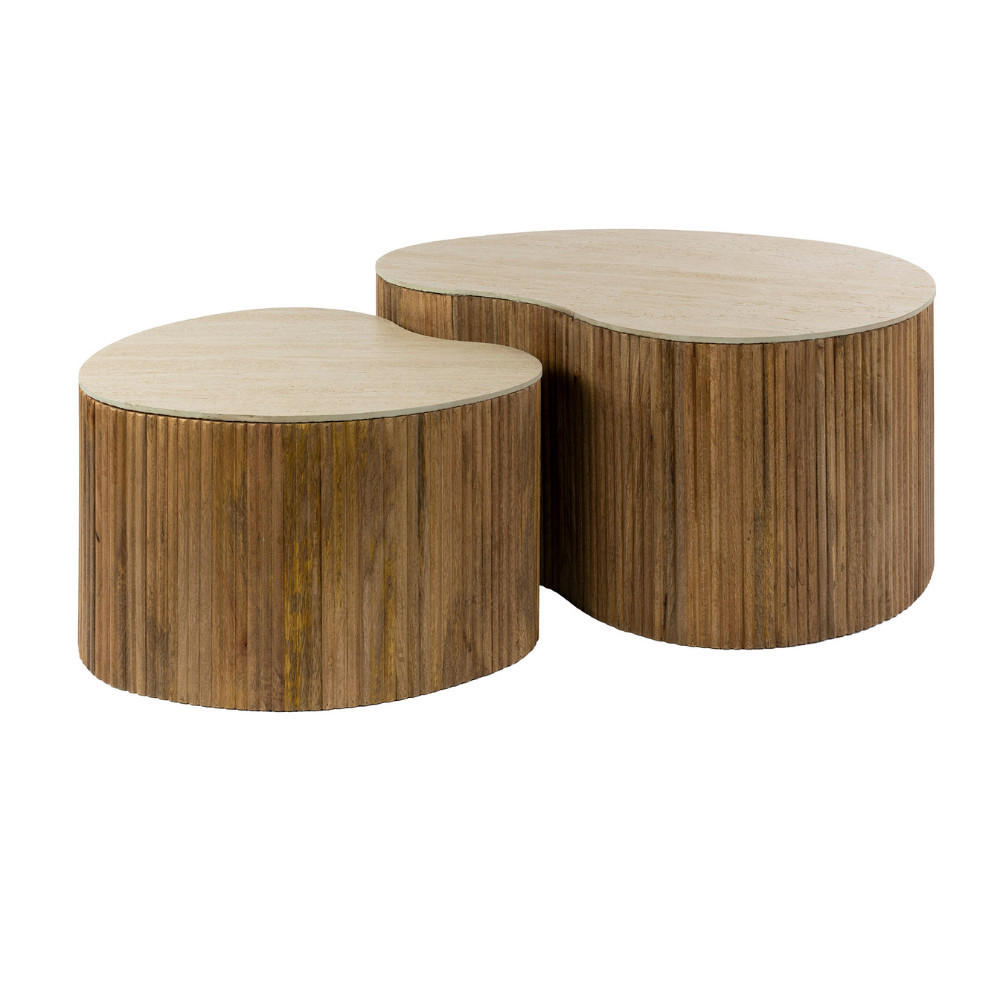 COUCHTISCH-SET EMILIO NUVOLA Nierenförmige Satztische mit Travertin-Keramik - Beige/Braun, Holz (60/82/40cm) - alesvelt