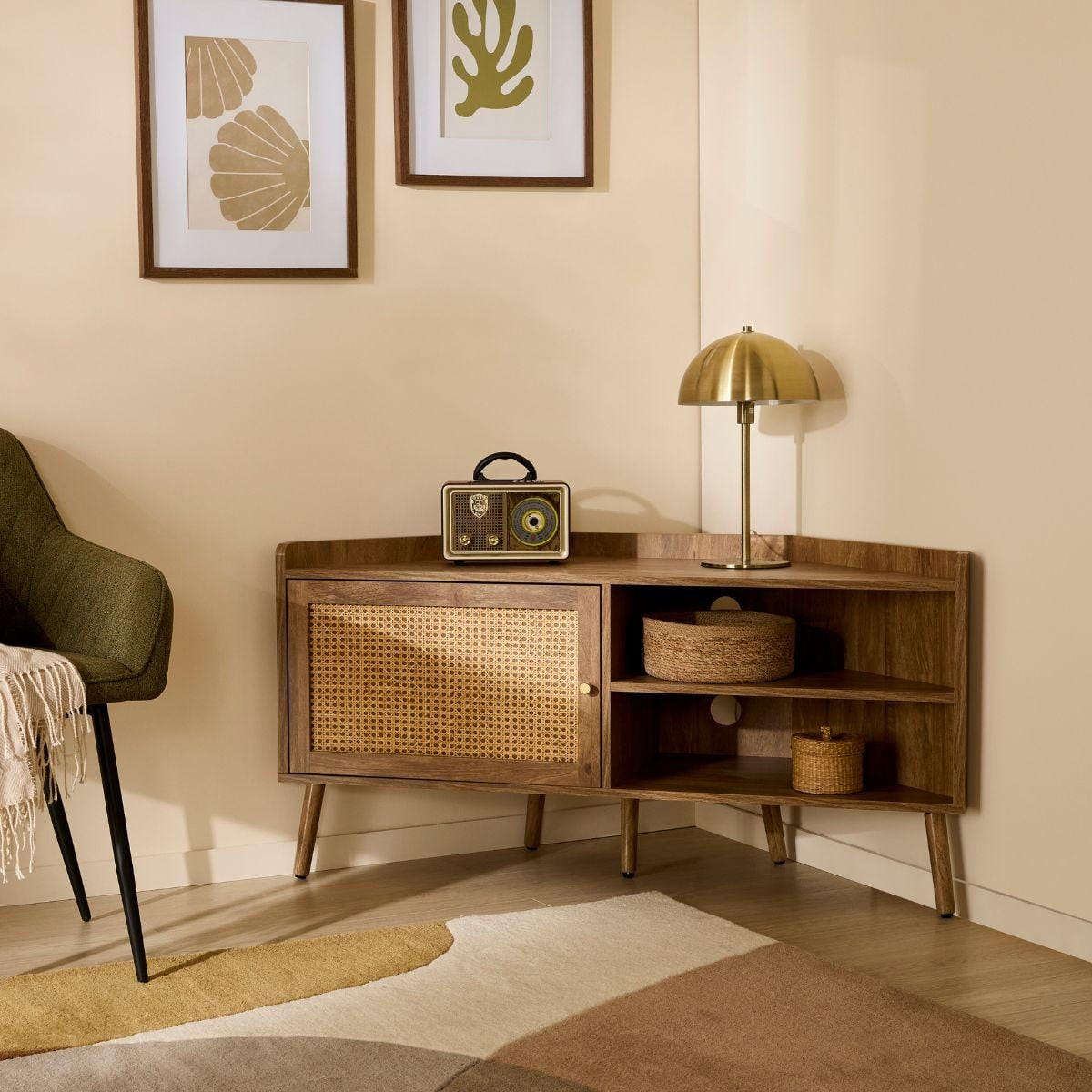 ECK-TV-MÖBEL mit 1 Tür und Rattanfront sowie 2 offenen Fächern, L120 cm 40/120/60 cm - Eschefarben, Holzwerkstoff (40/60/48.5cm) - Calicosy