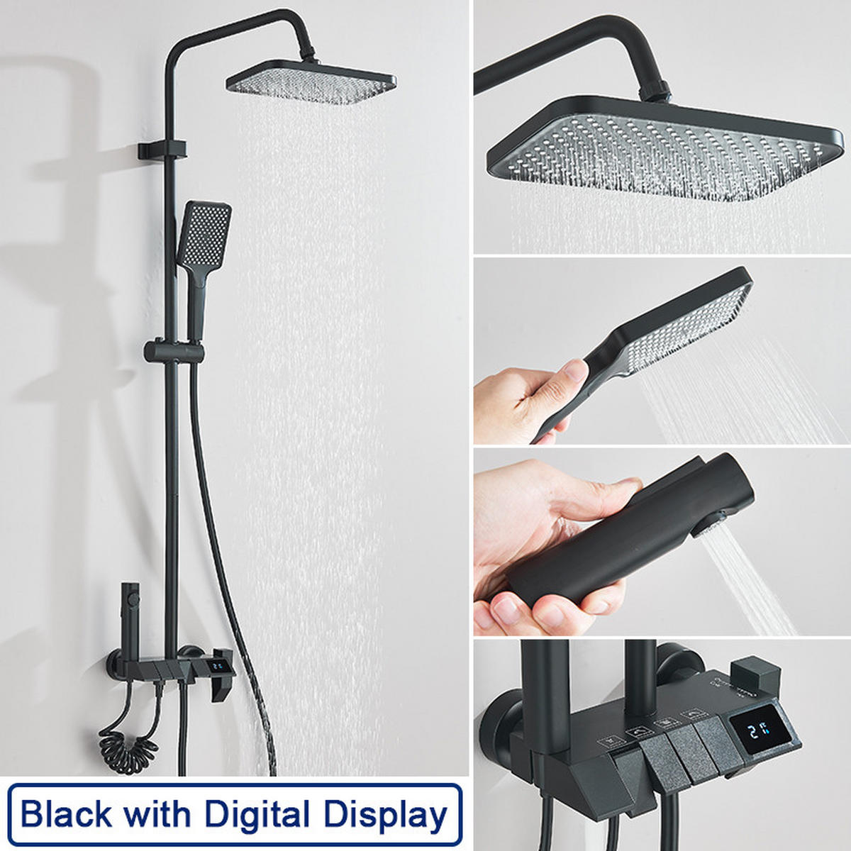 THERMOSTATISCHES Duschsystem 3 Funktionen mit Digitalanzeige Schwarz – Regendusche, Handbrause & Bidet, Piano-Tasten Bedienung, Badezimmer Armatur - Schwarz, Metall (18.5/120/27.5cm) - Kaket