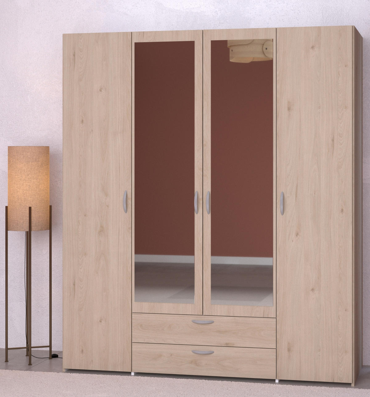 KLEIDERSCHRANK mit Spiegel Eiche 160 cm 4-türig Drehtürenschrank - Eichefarben/Silberfarben, Holzwerkstoff/Kunststoff (160/185/51cm) - Furn.Design