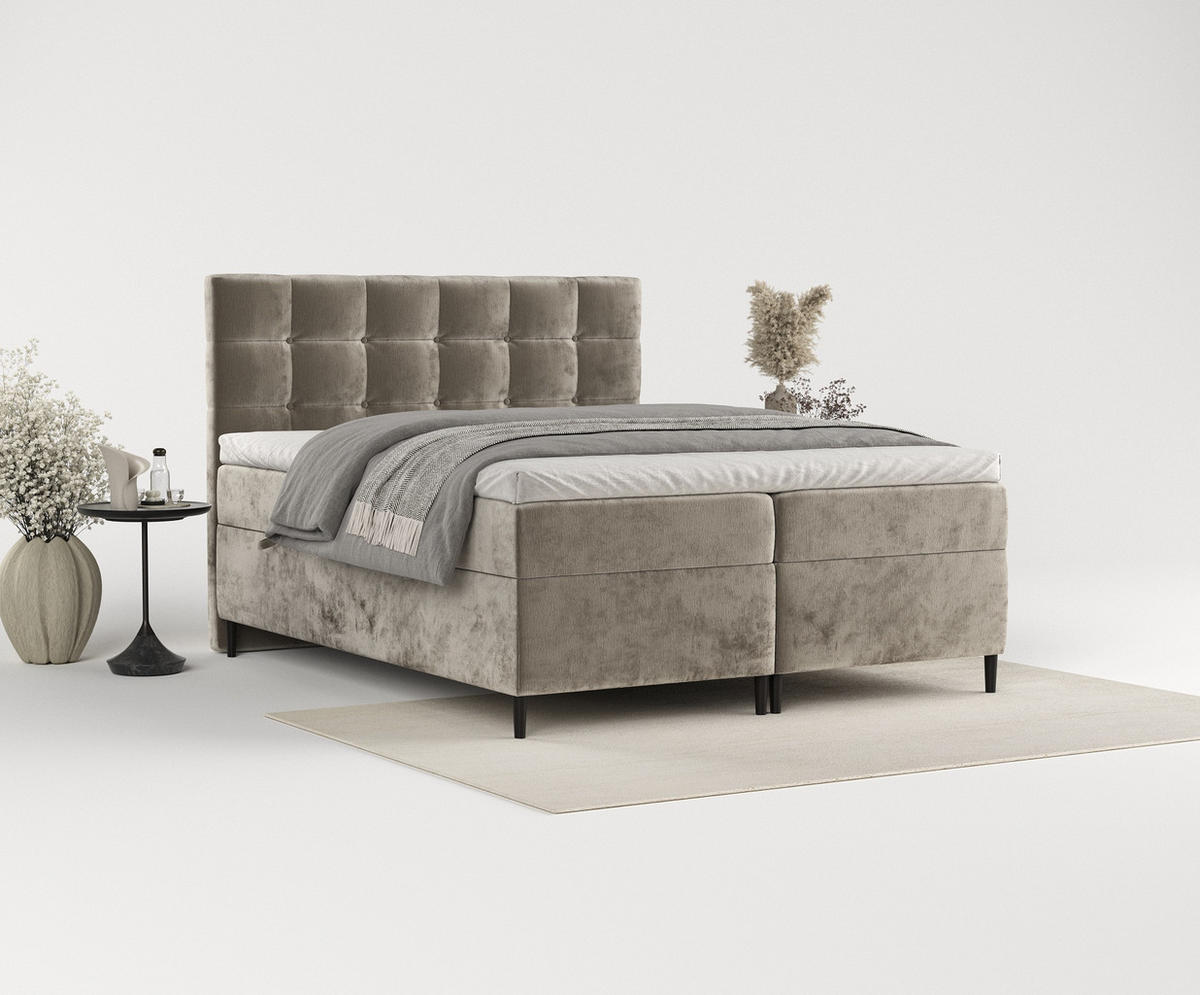 BOXBETT Urbaneo Beige 180/200 cm mit Taschenmatratze und Topper - Beige/Schwarz, Holz/Holzwerkstoff (180/200cm) - Maison de Reve