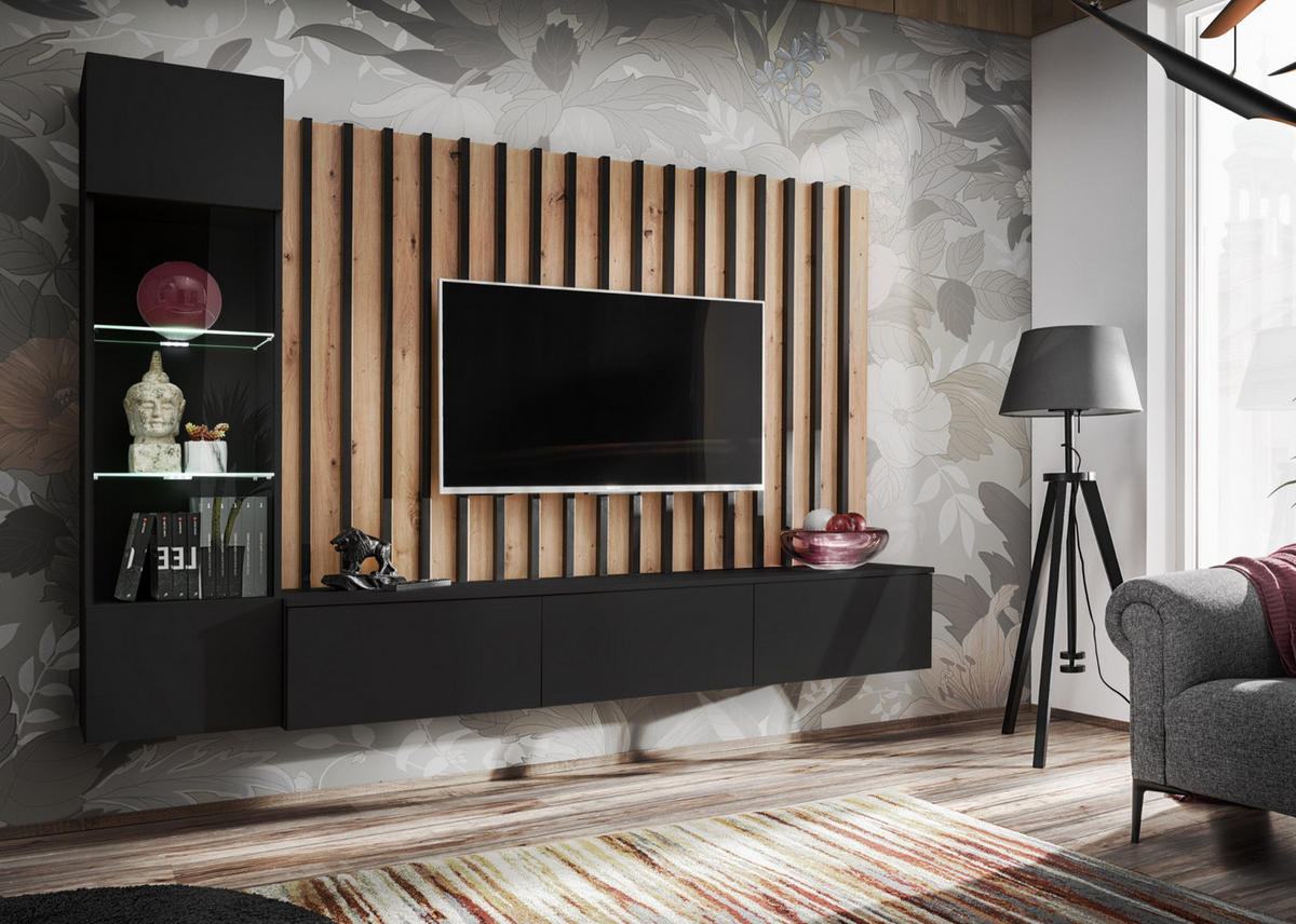 WOHNWAND schwarz, Artisan Eiche 220 cm, Schrankwand mit LED Beleuchtung - Schwarz/Eiche Artisan, Glas/Holzwerkstoff (220/148/35cm) - Furn.Design