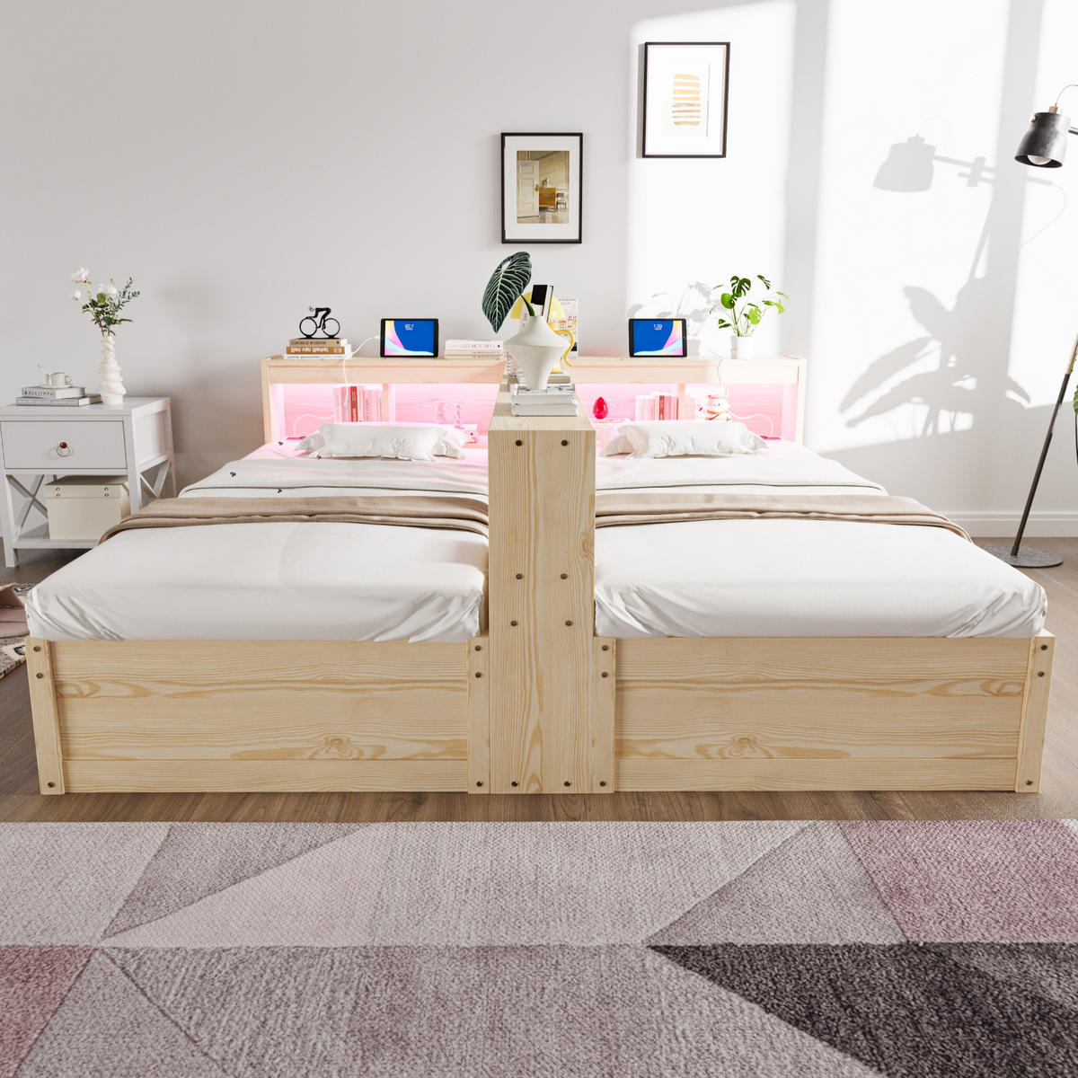 SCHLAFSOFA 90x200cm LED Stauraum Steckdose Holzbett Holz - Naturfarben, Holzwerkstoff (180/200cm) - FLIEKS