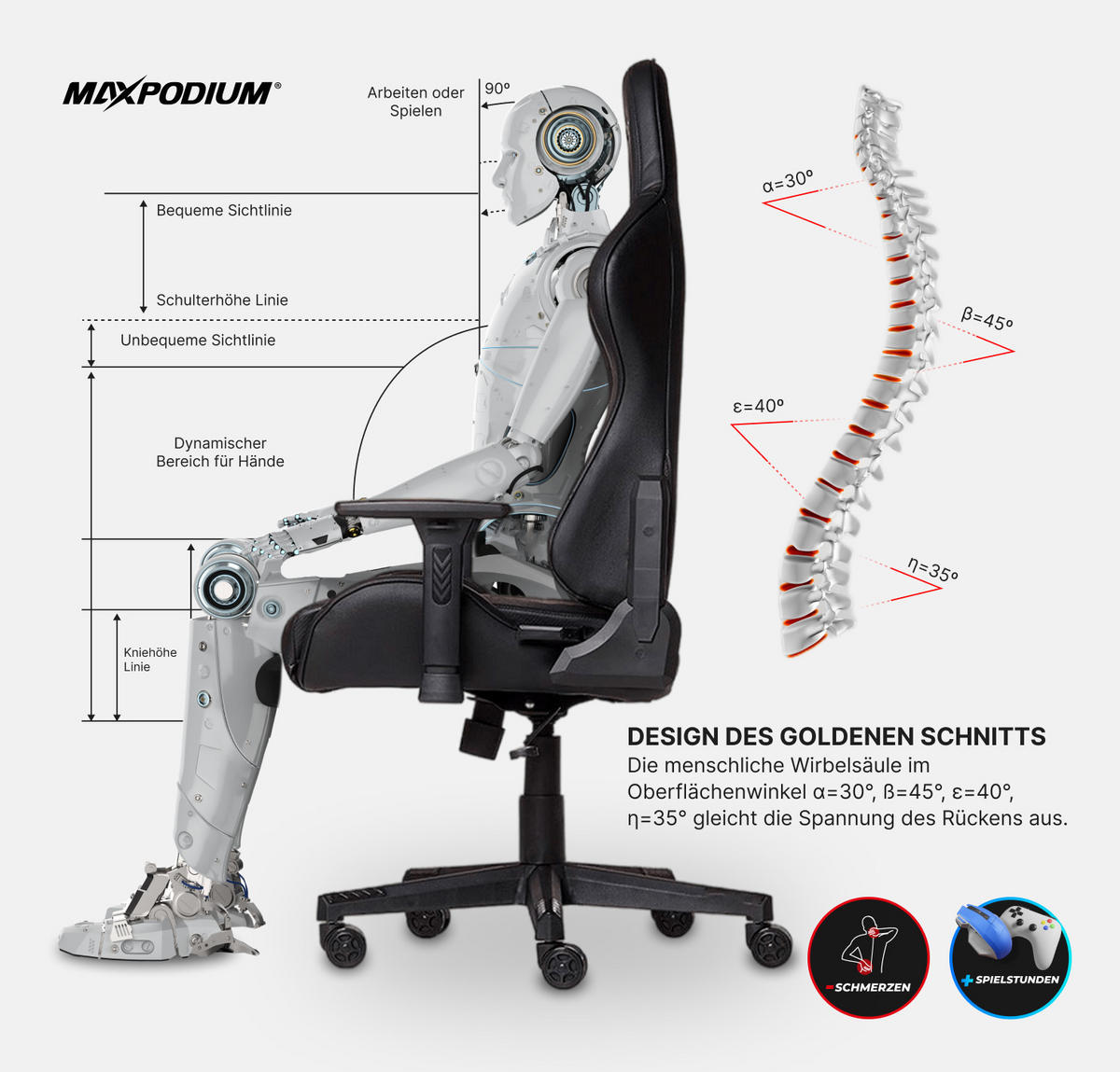 GAMING-BÜROSTUHL TACTICAL Schwarz - Schwarz, Kunststoff/Metall (55/137/50cm) - MaxPodium