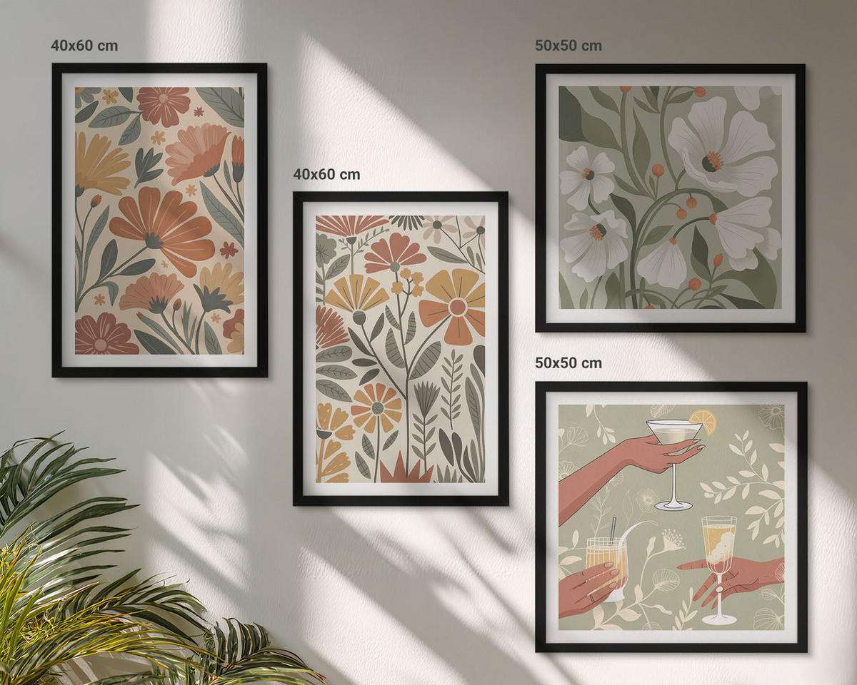 BILDER SET 4er Set - 50x50 cm & 40x60 cm Schwarzer Rahmen - Blumenmuster in Orange und Grün - Schwarz, Kunststoff (50/50cm) - TULUP