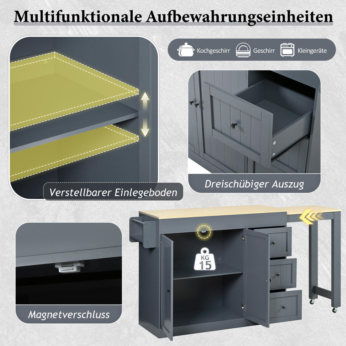 KÜCHENINSEL auf Rollen mit Gewürzregal und Schubladen, Grau - Grau, Holzwerkstoff (130/93/45cm)