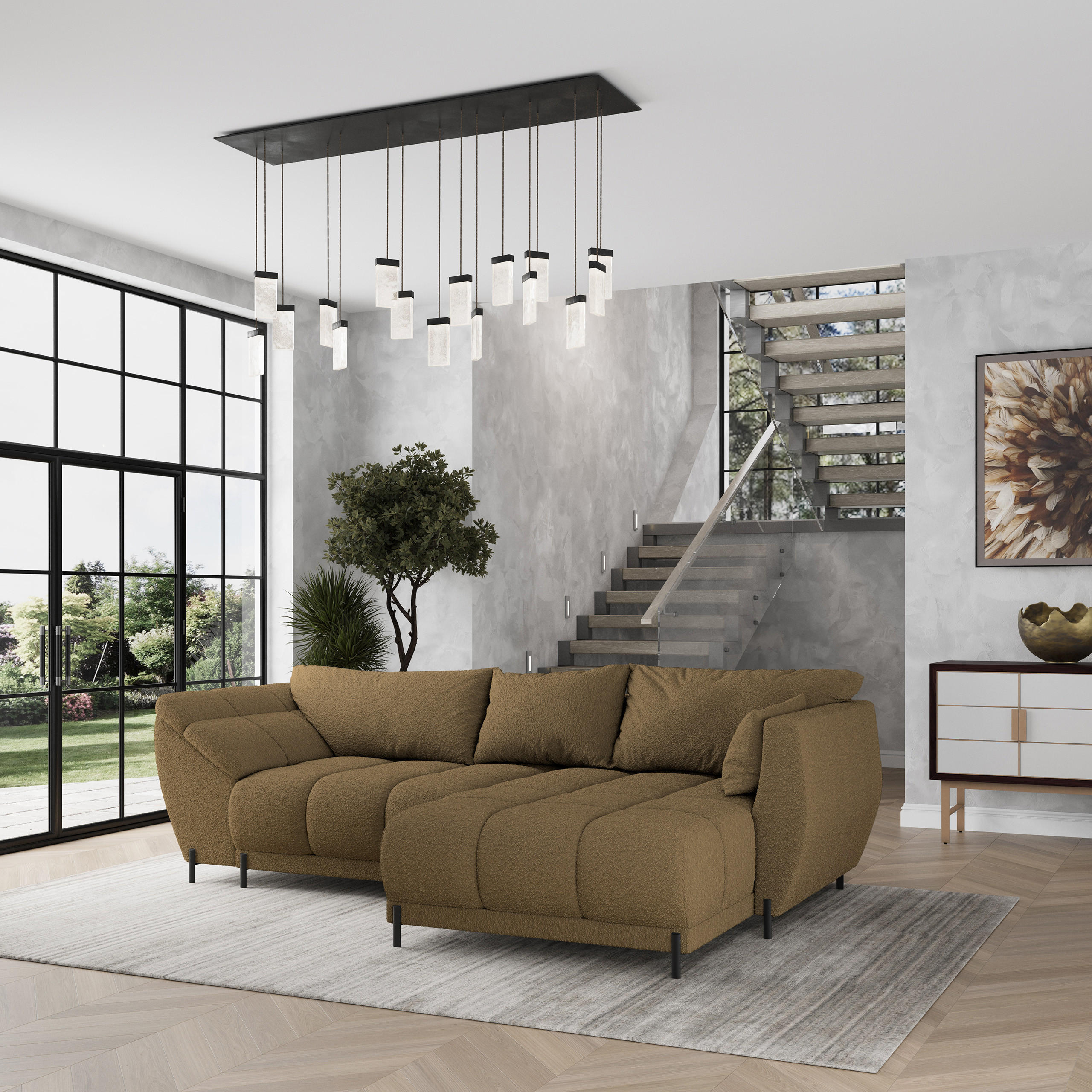 ECKSOFA VESTANO R-S Orange Boucle-Stoff mit Schlaffunktion - Orange, Holz (287/182cm) - MASSENO