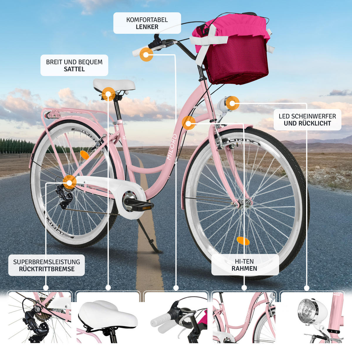 CITY-FAHRRAD Milord mit Metallkorb, 28 Zoll, Rosa, 7-Gang - Pink, Metall (46cm) - Milordbikes